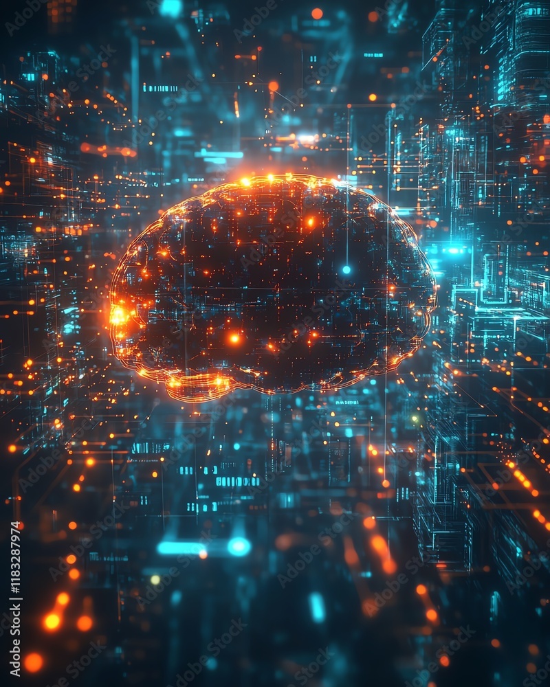 Poster Artificial intelligence brain surrounded by glowing data streams and holographic interfaces, futuristic scifi design, ultrarealistic, high resolution, cinematic detail