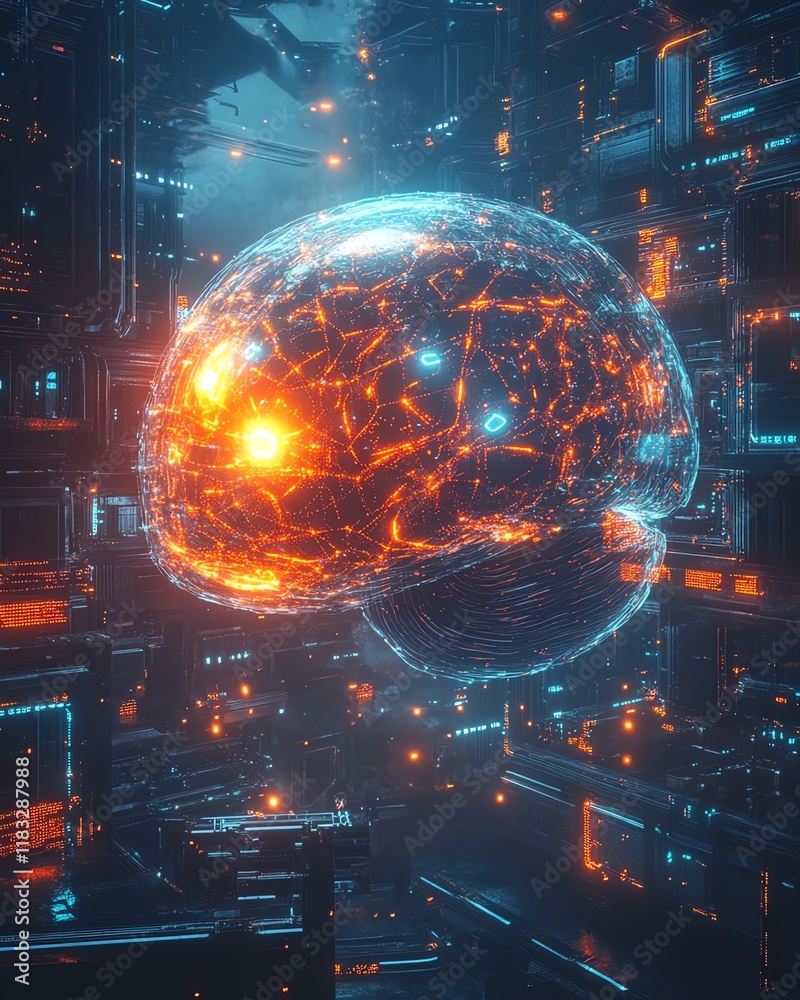 Poster Artificial intelligence brain surrounded by glowing data streams and holographic interfaces, futuristic scifi design, ultrarealistic, high resolution, cinematic detail