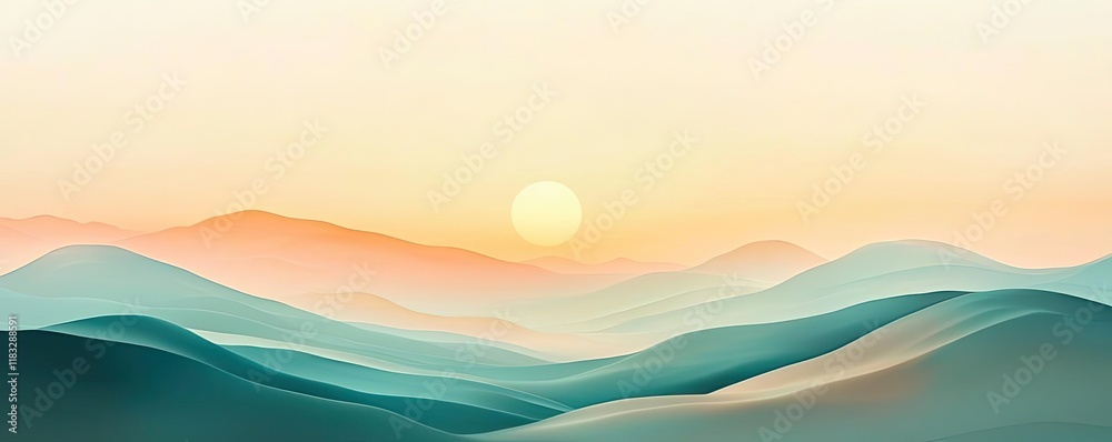 Poster scenery abstract background idea. a serene landscape with soft hills and a glowing sunrise, perfect 
