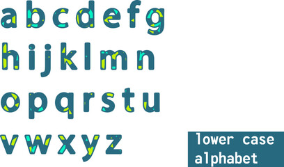 Colorful lowercase alphabet letters with a modern design, featuring teal and green patterns. Ideal for educational materials, graphic design, and creative projects. High resolution image