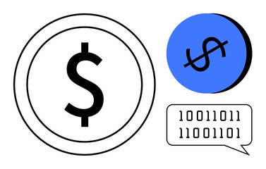 Coin outlined with dollar sign, blue coin with dollar sign, binary code speech bubble. Ideal for finance, technology, cryptocurrency, coding, digital transactions, fintech modernization