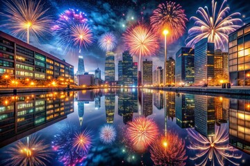 Obraz premium New Year's Eve Fireworks Over Sleek City Skyline, Festive Lights Illuminating Streets