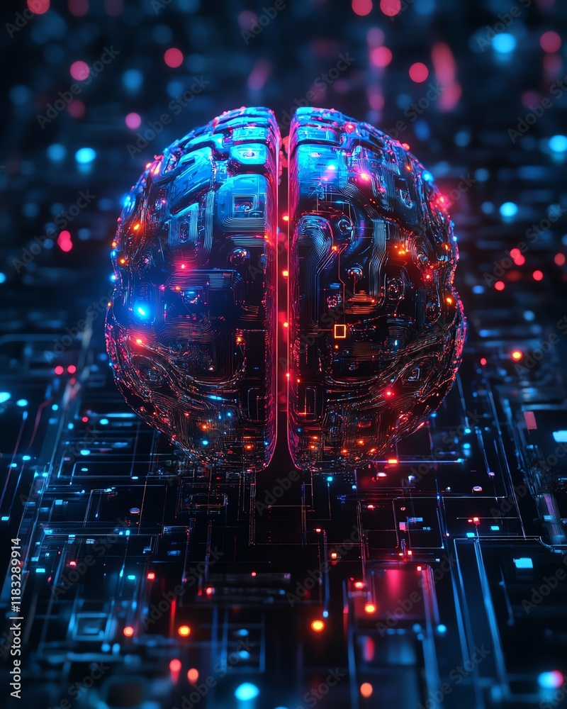 Aufkleber Futuristic concept of an AI brain with intricate digital patterns and glowing neural networks, hyperdetailed, vibrant colors, photorealistic, 8K HDR