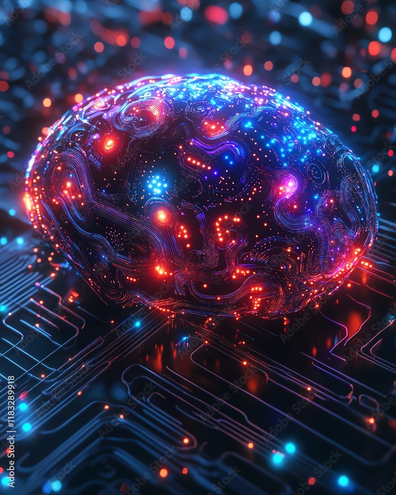 Fototapete Futuristic concept of an AI brain with intricate digital patterns and glowing neural networks, hyperdetailed, vibrant colors, photorealistic, 8K HDR