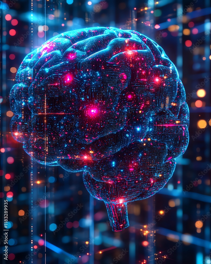Fototapete Futuristic concept of an AI brain with intricate digital patterns and glowing neural networks, hyperdetailed, vibrant colors, photorealistic, 8K HDR