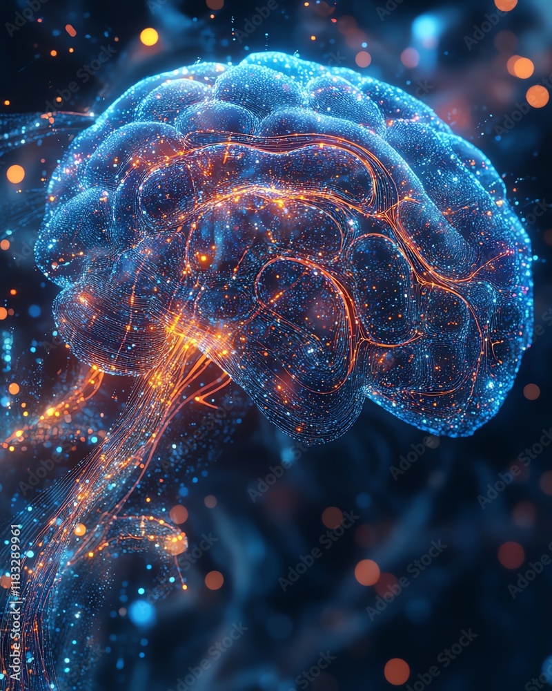 Poster Futuristic concept of an AI brain with intricate digital patterns and glowing neural networks, hyperdetailed, vibrant colors, photorealistic, 8K HDR