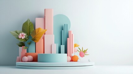 Futuristic Pastel Cityscape with Sleek High Tech Architectural Designs and Dynamic Geometric Patterns in a Clean White Setting
