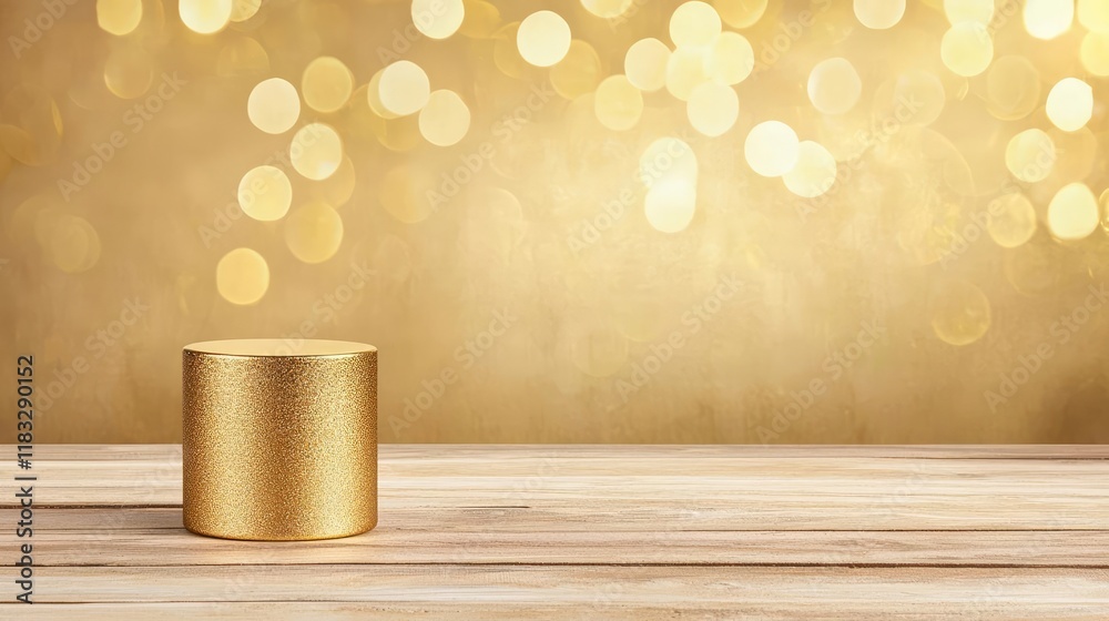 Poster Gold abstract background concept. A stylish golden container on a wooden table with a shimmering bokeh background.