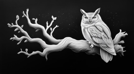 Majestic owl displaying night vision enchanted forest black and white artwork tranquil atmosphere artistic perspective