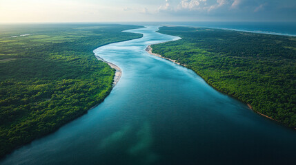 Aerial river photography capturing the confluence of two rivers with distinctly colored waters meeting