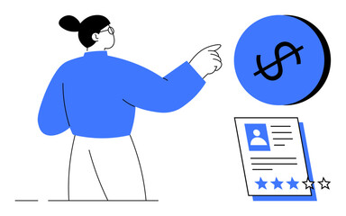 Business figure points at dollar icon representing success or financial focus, accompanied by a document with star ratings indicating performance review. Ideal for business strategy, finance