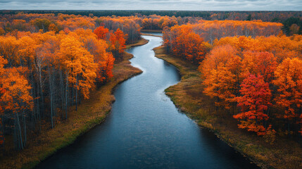 Aerial river photography of a river meandering through golden autumn foliage reflected on the water surface