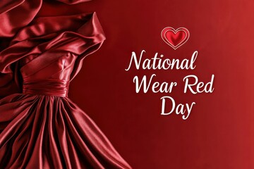 Big Text "National Wear Red Day" and a Red Dress Icon next to it, embroidered on a bold red satin fabric with soft folds, heart health awareness, cardiovascular health, fashion advocacy