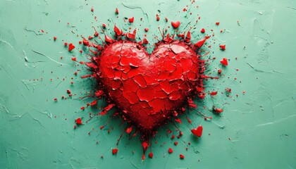 a red heart exploding with smaller hearts and paint splatters against a teal background