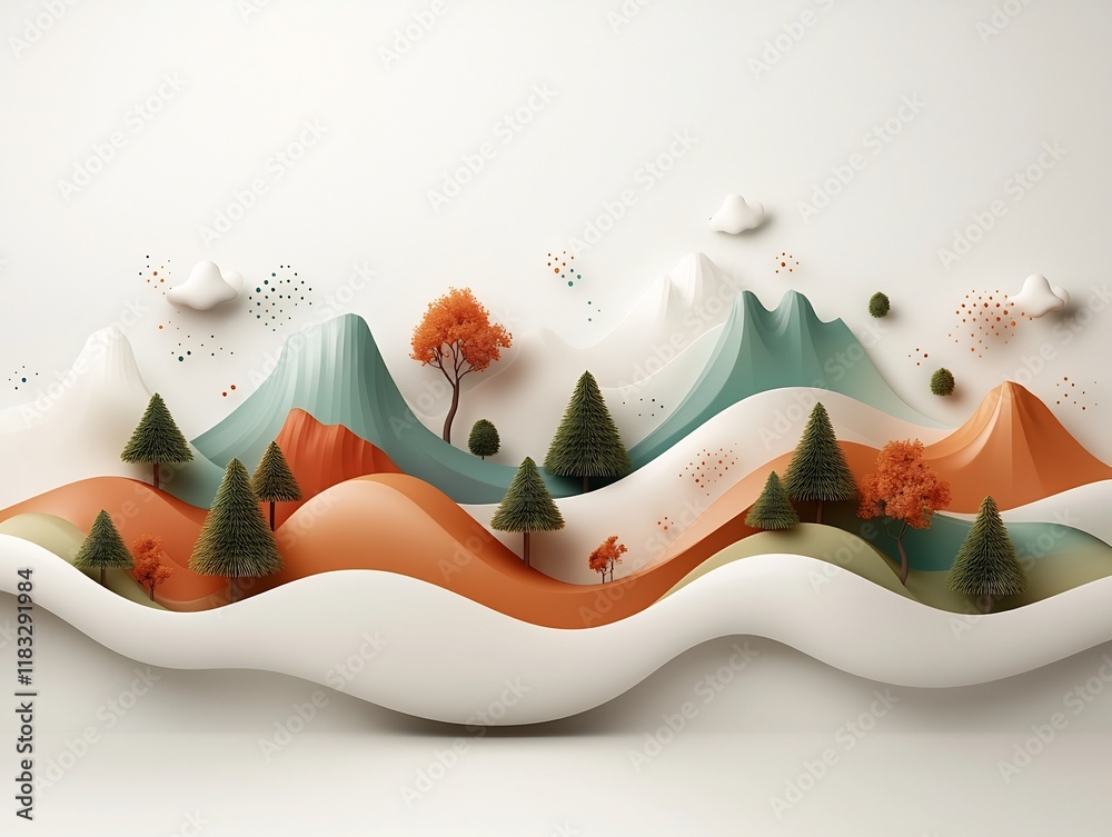 Poster serene digitally rendered pastel mountainscape with a fluid wave like pattern of dots and lines flow