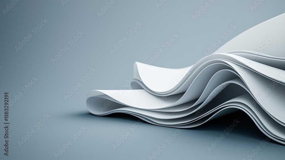 Poster Scenery abstract background idea. Close-up of wavy white paper sheets on a blue background showcasing texture and detail.