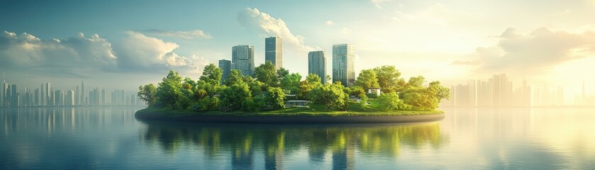 Fototapeta premium Futuristic Urban Island with Skyscrapers Surrounded by Water and Lush Greenery Against a Modern Cityscape in the Background