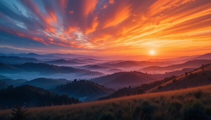Obraz premium Fiery Sunset Over Rolling Hills And Misty Valleys