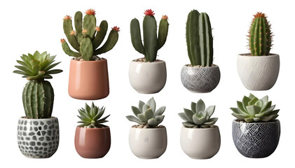 Fototapeta premium A collection of various mixed types of small cacti and succulents arranged in a modern ceramic Nordic vase, designed as furniture cutouts and isolated on a transparent PNG background