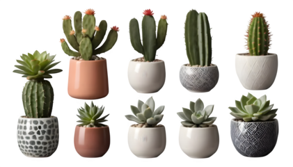 A collection of various mixed types of small cacti and succulents arranged in a modern ceramic Nordic vase, designed as furniture cutouts and isolated on a transparent PNG background