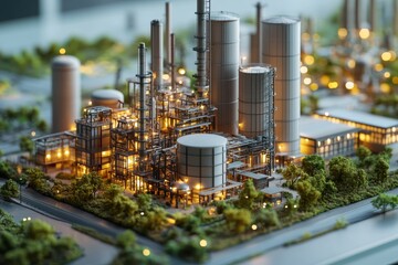Obraz premium Illuminated Industrial Refinery Model with Lush Greenery and Detailed Structures at Dusk
