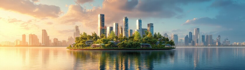 Obraz premium Futuristic Eco-Friendly Cityscape with Skyscrapers and Green Spaces on a Floating Island at Sunrise
