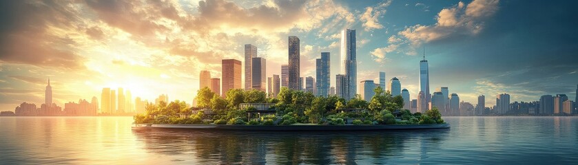 Fototapeta premium Stunning Urban Skyline with Lush Green Island at Sunset Reflecting on Calm Waters in a Serene Cityscape