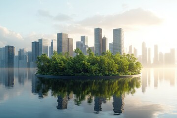 Obraz premium Urban Oasis: Lush Green Island Surrounded by Modern Cityscape Reflecting in Tranquil Water at Sunrise