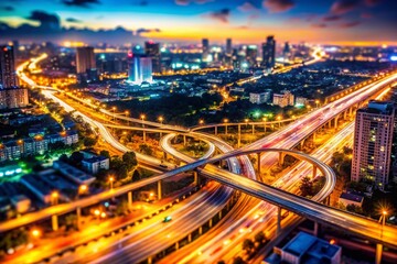 Fototapeta premium Night City Aerial: Illuminated Streets & Flowing Freeway Bokeh