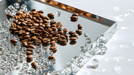 Specialty coffee beans glimmering on reflective surface modern environment detailed close-up shot