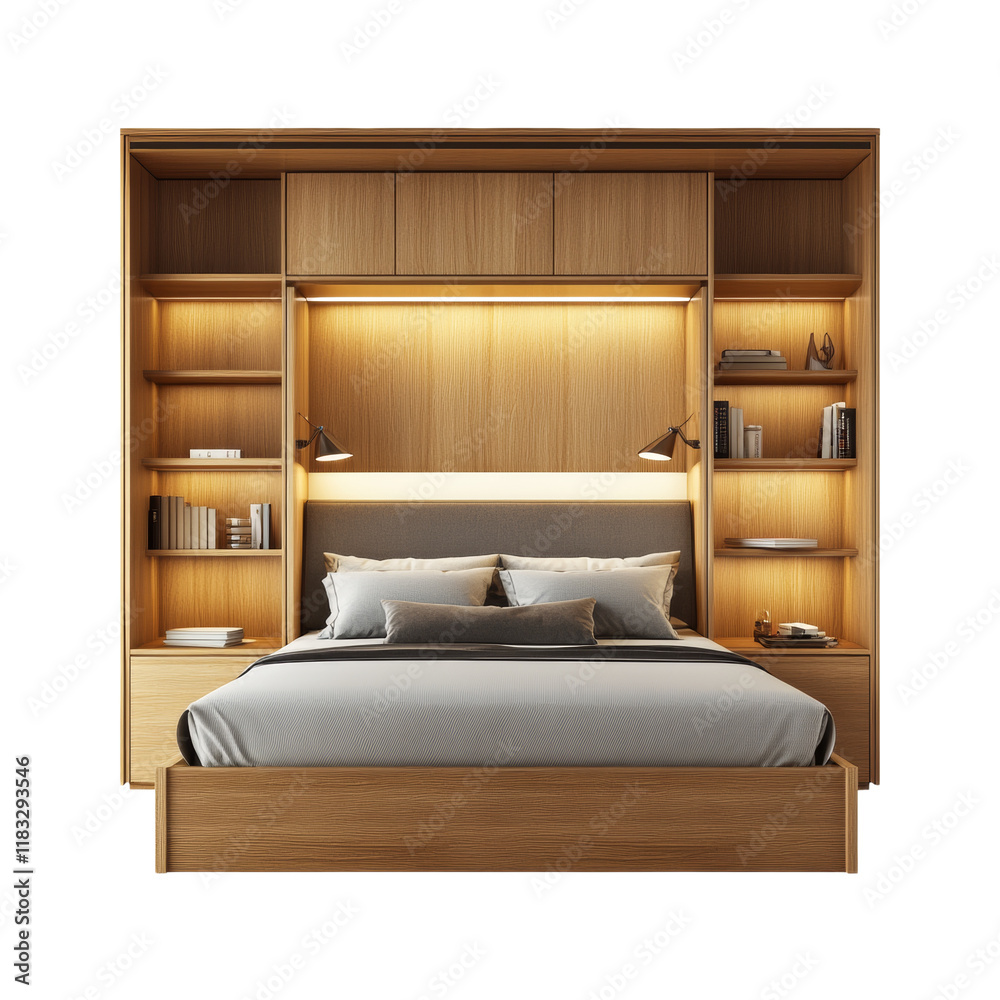 Aufkleber a modern bedroom features a built-in wooden bed frame with integrated shelving, drawers, and soft li