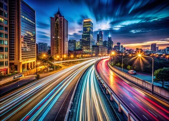 Fototapeta premium Night City Light Trails, Long Exposure Photography, Urban Scene, Glowing Streaks, Dark Cityscape