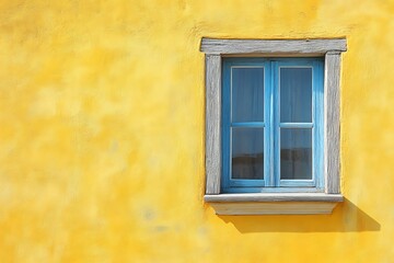 Fototapeta premium Colorful window on yellow wall with blue wooden shutters. Abstract background