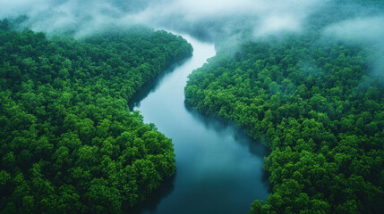 Rainforest aerial photography capturing winding rivers cutting through lush, green canopies teeming with life