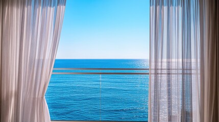 A picturesque view of sheer fabric curtains framing a balcony overlooking the ocean.