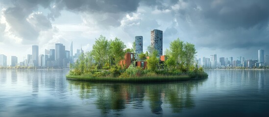Naklejka premium Futuristic Urban Oasis with Modern Architecture and Lush Greenery Surrounded by Water in a Vibrant Cityscape
