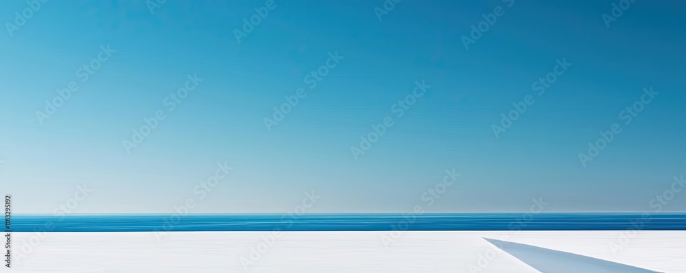 Poster Scenery abstract background idea. A serene view of a vast blue sky meeting tranquil sea, minimalist and calming.