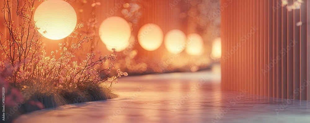 Poster Scenery abstract background idea. A serene pathway illuminated by soft lanterns in a tranquil setting.