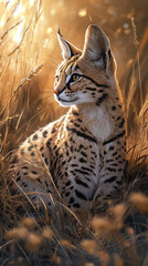 Obraz premium serval cat with spotted coat sits gracefully in golden grass, exuding elegance