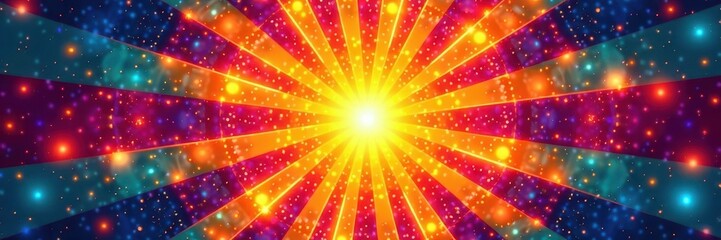 Colorful sunburst design radiating from a central point, dynamic energy, bright hues