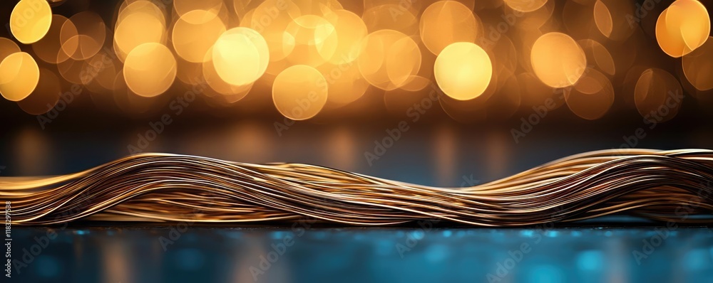 Poster gold abstract background concept. an elegantly twisted rope with a shimmering bokeh background, evok