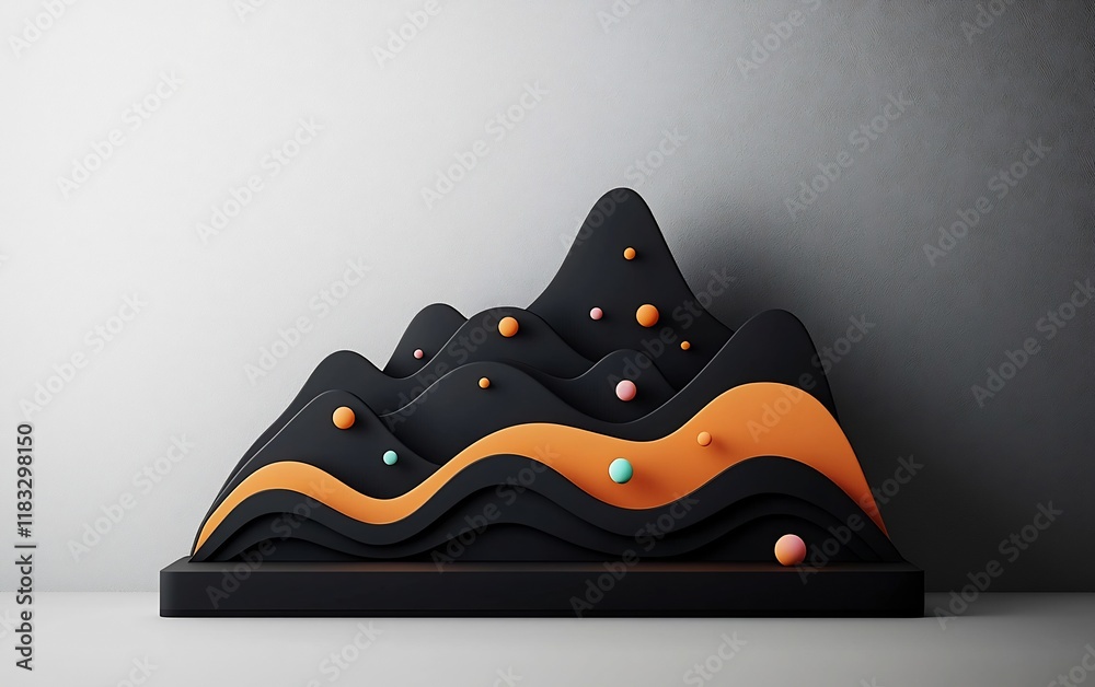 Poster Minimalist Abstract Dark Environment with Pastel Dots and Undulating Lines Composing a Wave Shaped Mountain Design 3D Rendering on Plain White