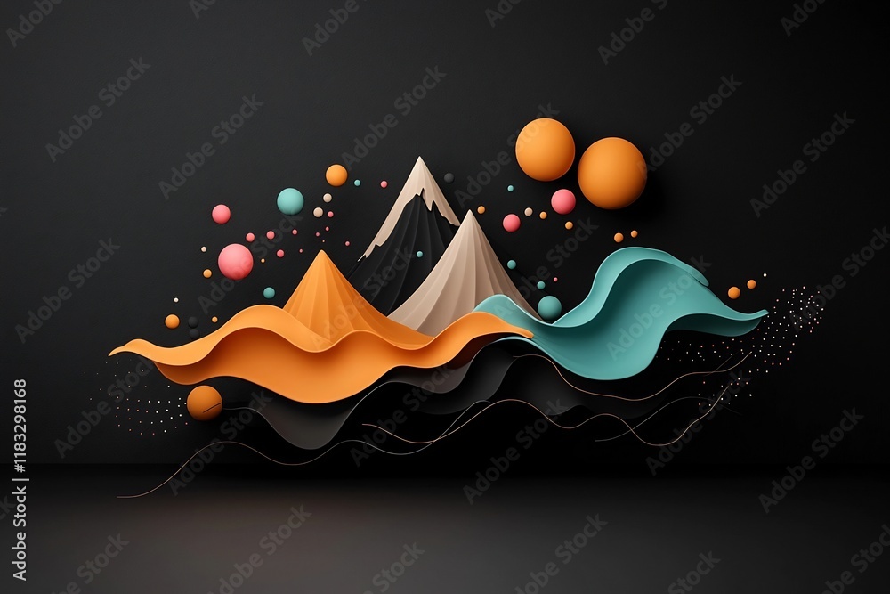 Poster moody abstract composition with a black base pastel colored dots and flowing lines creating a mounta