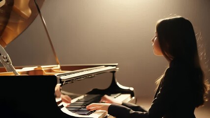 A young pianist gracefully plays a grand piano under soft, warm lighting, creating an elegant and artistic atmosphere.
