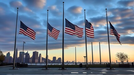 The United States flag flying at half-staff, symbolizing respect, mourning, and remembrance, with its bold red, white, and blue colors prominently displayed against a clear sky background