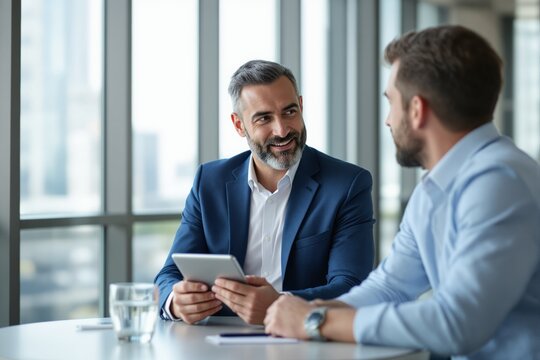 Two business professionals engaging in a discussion while seated in a modern office space with large windows, holding a tablet, concept of teamwork. Ai generative.