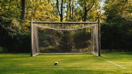 Fototapeta premium A soccer net swaying in the wind during a break in a backyard game.
