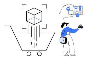 Woman shopping with bags, product evaluation on smartphone, 3D augmented reality box scanning into cart. Ideal for e-commerce, retail, technology, customer experience, augmented reality, online