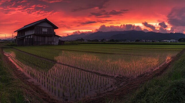 Sunset rice paddy farmhouse Japan mountain dramatic sky - Powered by Adobe