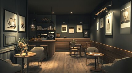 A cozy coffee shop featuring wooden furniture, gray accent walls, and soft ambient lighting for a relaxing coffee experience